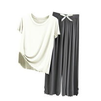 Tungbrin 2 Piece Pajama Outfits for Women Solid Ruffle Casual Sets Short Sleeve Crew Neck Tops Bowknot Wide Leg Pants