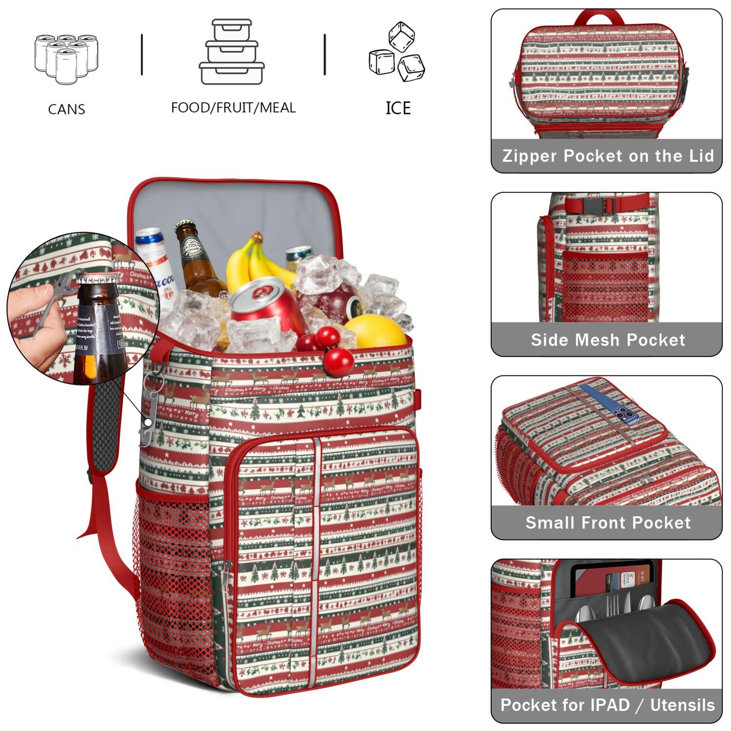 Travel Cooler Bag - Red Christmas Deer and Tree Pattern Camping Beer Cooler Backpack with Bottle Opener- Waterproof Insulated Picnic Backpacks - Cooler Bag for Beach
