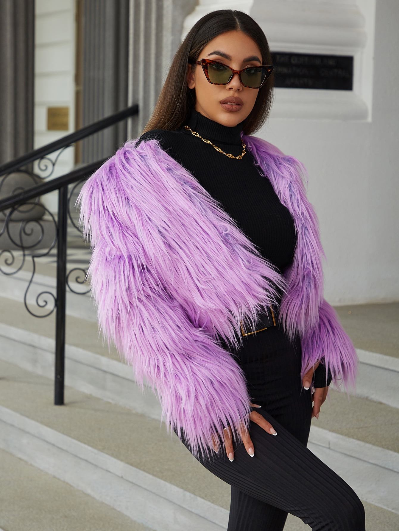Eilly Bazar Women's Lilac Faux Fur Long Sleeve Crop Coat