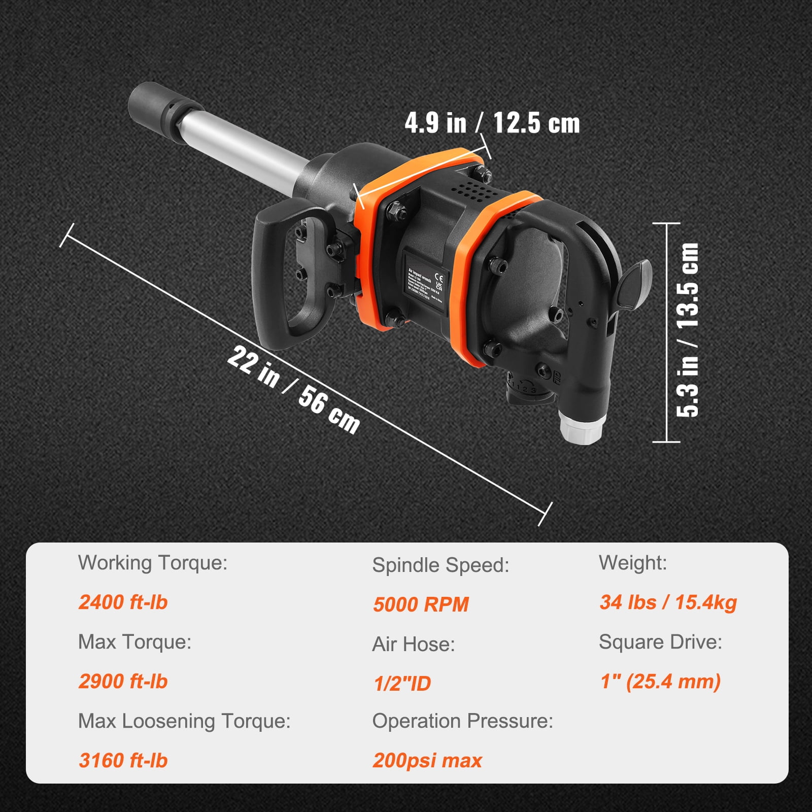 VEVOR 1 Inch Air Impact Wrench, Up to 3160 ft-lbs High Reverse Torque Output 1" Pneumatic Impact Gun w/ 8 Inch Extended Anvil & Carrying Case