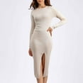thumbnail image 3 of Women's Long Sleeve Ribbed Knit Sweater Dress Casual Crew Neck Slim Fit Side Split Knitted Midi Dress, 3 of 4