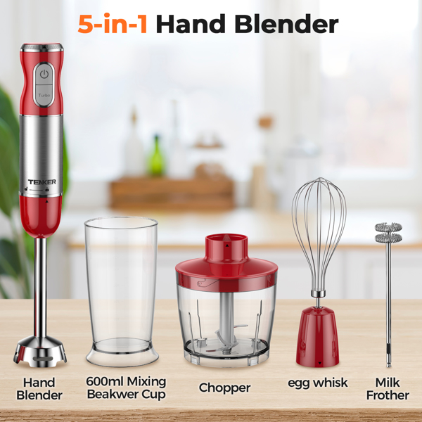 450W Immersion Blender 5 in 1 Electric Hand Blender,30 Speed Mode with Mixing Beaker,Chopper,Whisk and Milk Frother For Baby Food