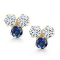 thumbnail image 2 of Gem Stone King 14K Yellow Gold White Moissanite and Blue Created Sapphire Three Stone Stud Earrings for Women (0.68 Cttw, Gemstone, Round 3MM), 2 of 4