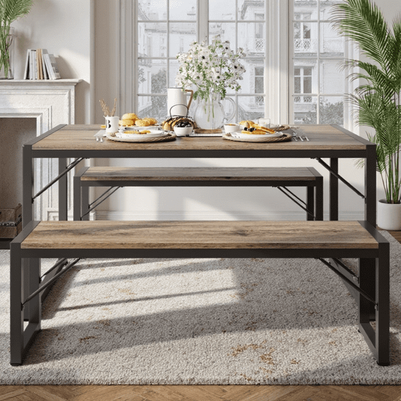 Jolifa 3 Pieces Dining Table Sets for 4, Wooden Kitchen Table with Benches for Small Spaces, Gray