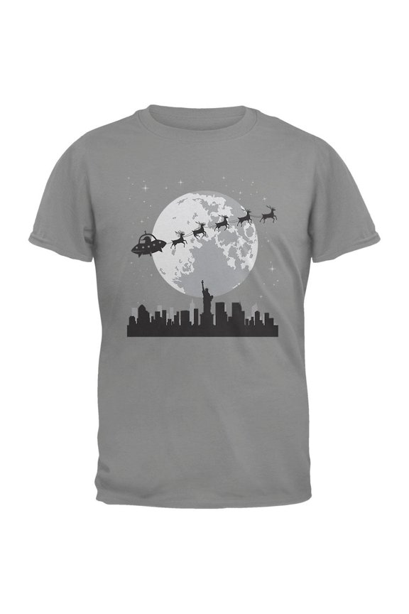 Alien Santa Sleigh Grey Adult T-Shirt - Large