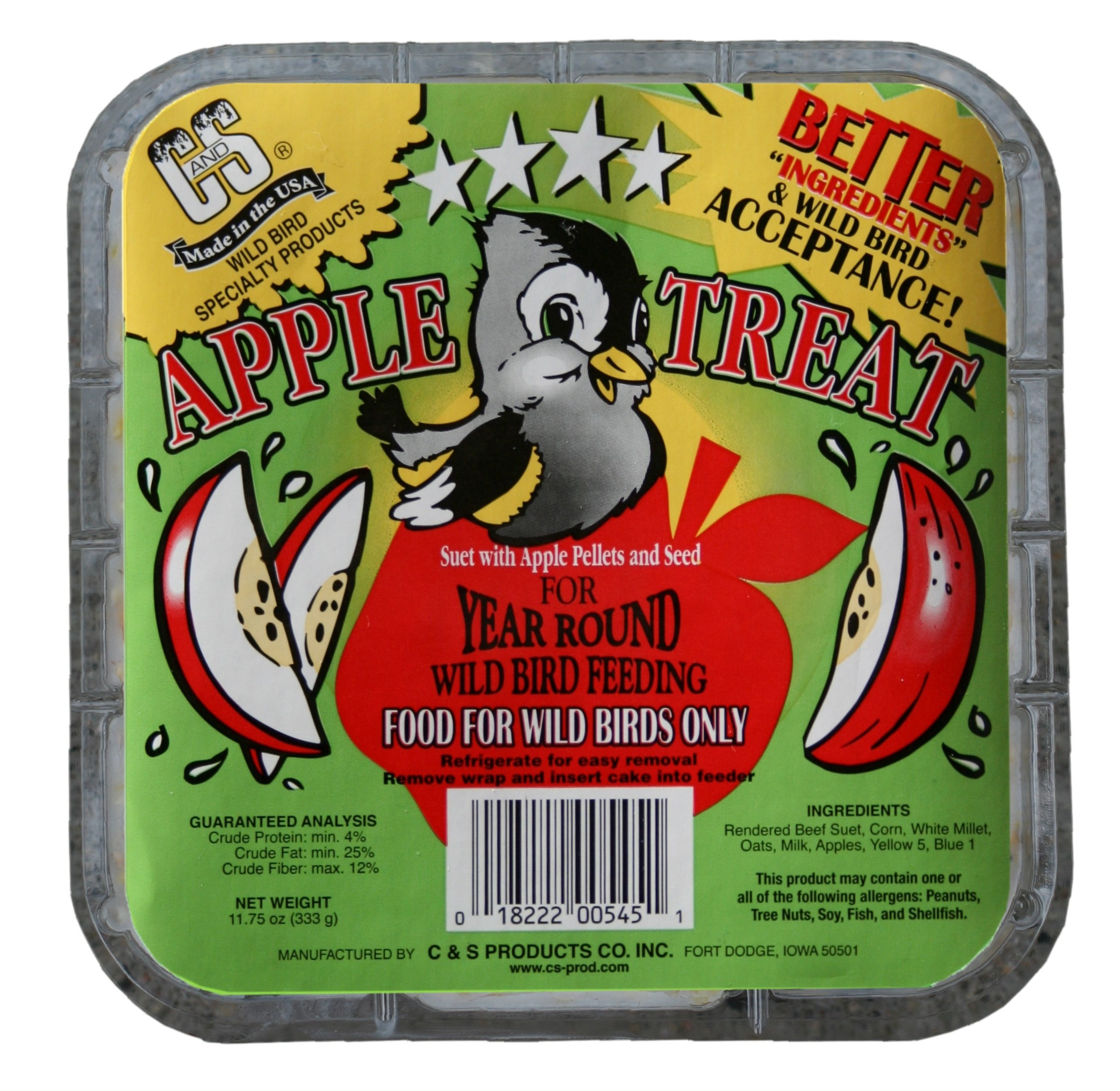 C&S Products Apple Treat Suet, 11.75 oz Cake, Wild Bird Food