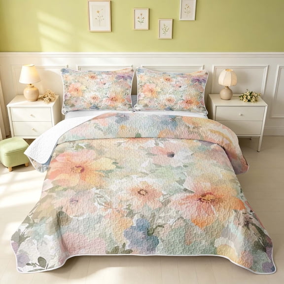 Erosebridal Watercolor Blossom Twin Quilt Set, Chic Flower Twin Coverlet Set, Reversible, Watercolor Blush, 2-Piece (1 Bedspread and 1 Pillowcase)
