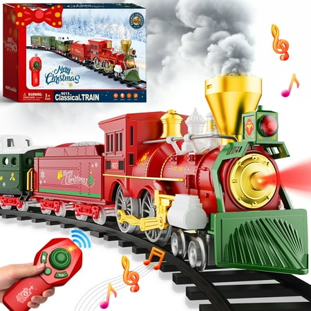 HopeRock Christmas Train Toy Set, Train Toys for Boys with Smokes, Lights & Sound, Christmas Train w/Steam Locomotive Engine, Carriages and Tracks, Toddler Model Trains for 3 4 5 6+