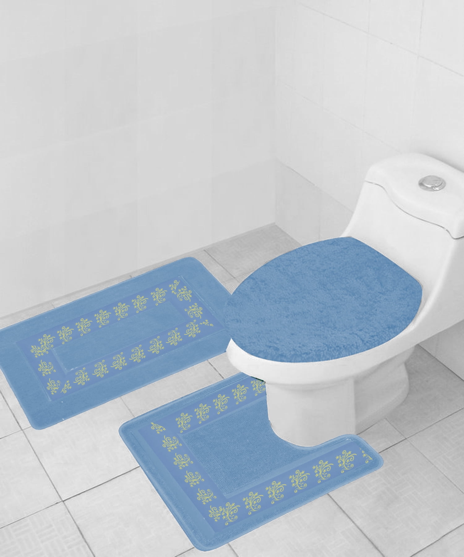 3 Piece Light Blue Soft Bathroom Bath Mat Set Extra Absorbent Solid Bath Rug 19"x 30", Contour