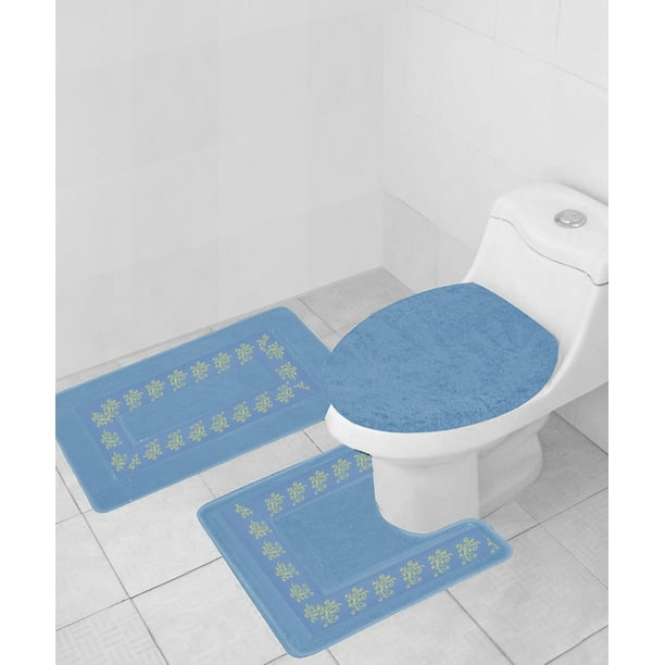 3 Piece Light Blue Soft Bathroom Bath Mat Set Extra