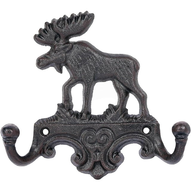 Sungmor Gancho de Pared Alce en Hierro Fundido, perchero rústico para cabaña/albergue/granja; doble hook resistente para llaves, sombreros y toallas; colgador de pared con astas vintage