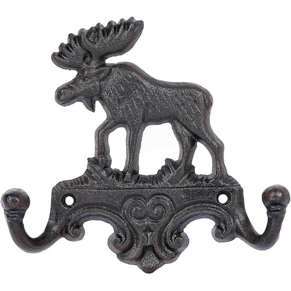 Sungmor Gancho de Pared Alce en Hierro Fundido, perchero rústico para cabaña/albergue/granja; doble hook resistente para llaves, sombreros y toallas; colgador de pared con astas vintage