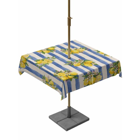 Outdoor Tablecloth with Umbrella Hole for Patio/Picnic/Party/Camping, Summer Lemons Waterproof Table Cloth Square Cover Washable, Vintage Watercolor Fruit Flowers Blue Striped (54"x 54")