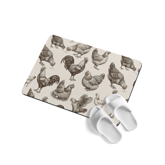 Farm Chicken Soft Diatomaceous Earth Mat, Country Rustic Rooster Hen Vintage Farmhouse Absorbent Bath Mat Non Slip Rubber Backed Quick Dry Doormat Fit Under Door for Bathroom Kitchen 16"x24"