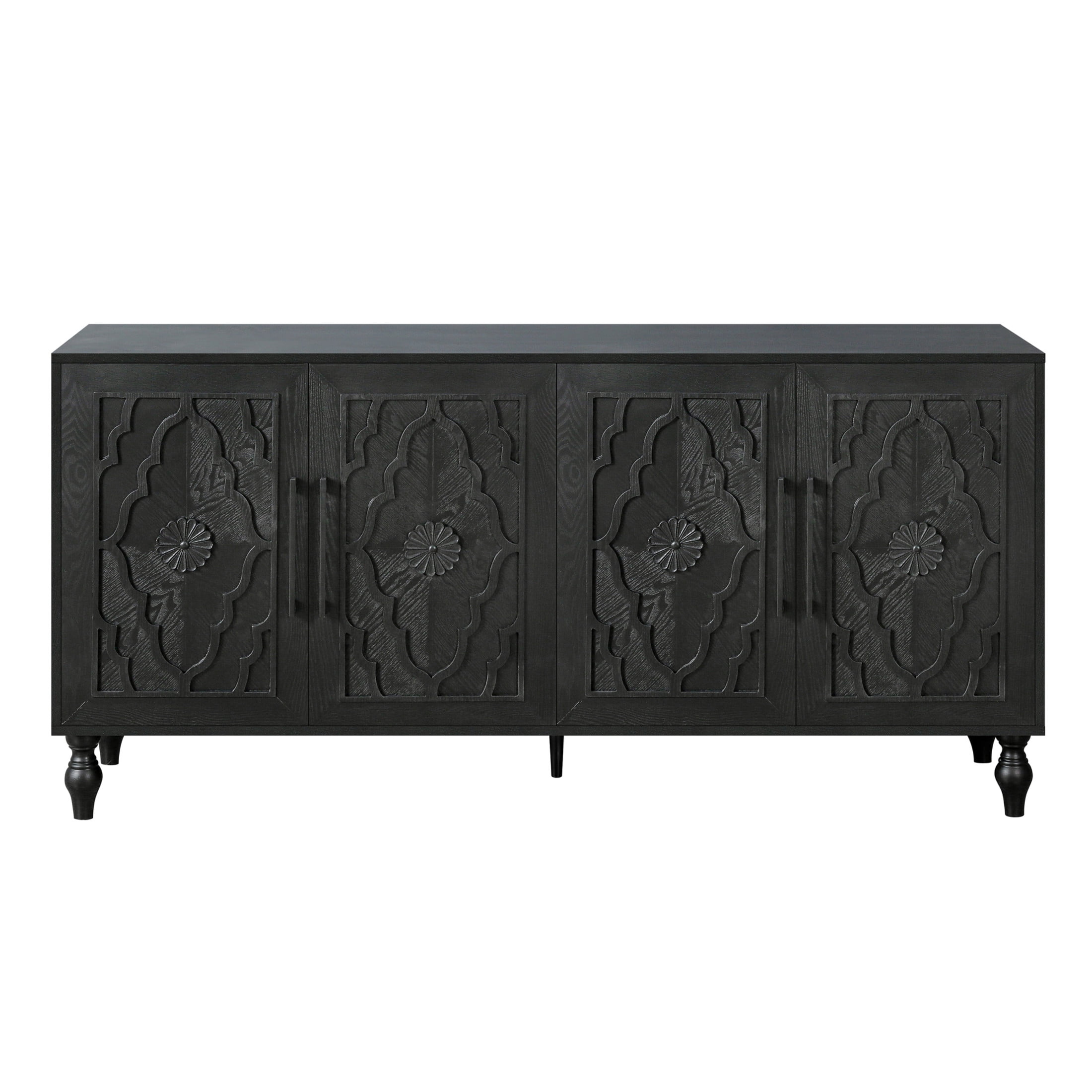Noble House Carved Flower Door Large Storage Cabinet With Metal Handle Suitable For Living Room, Kitchen, Entryway, Black