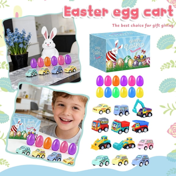 Easter Surprise Eggs with Cars - 12 Pack Easter Egg Hunt Toys for Boys, Toy Vehicles in Plastic Easter Eggs, Easter Basket Stuffers, Party Favors for Teens, Holiday Fun