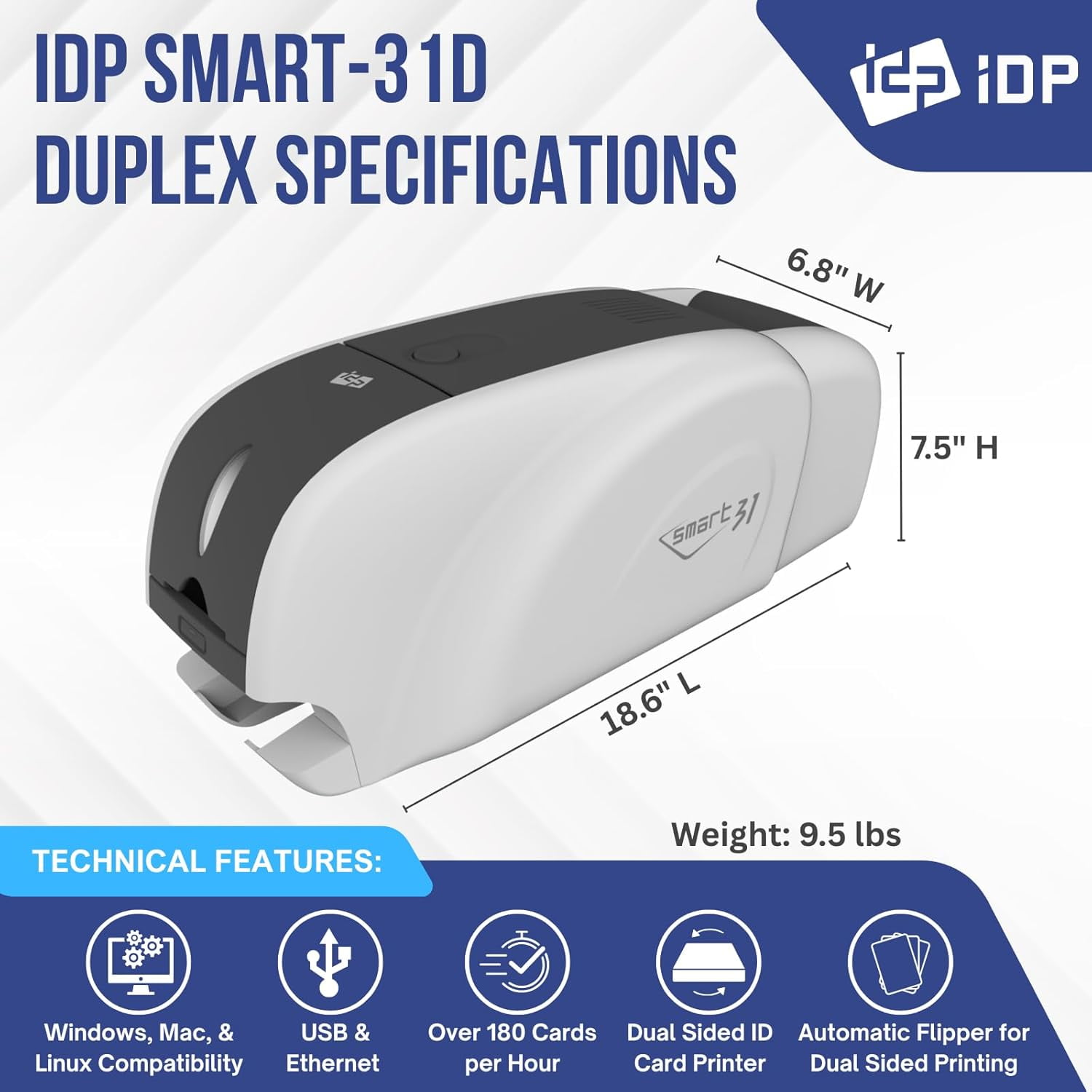 IDP SMART-31D Duplex ID Card Printer Kit: Includes Printer, Color Ribbon, 100 Cards and Software (23 sec/card YMCKO) (5 sec/card Mono) (300 dpi) (USB)