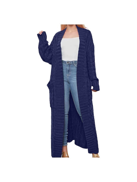 Essentials Women's Sweater Oversize Solid Cable Knitted Long Cardigan Elegant Open Front Knitted With Pocket Trendy Outfits