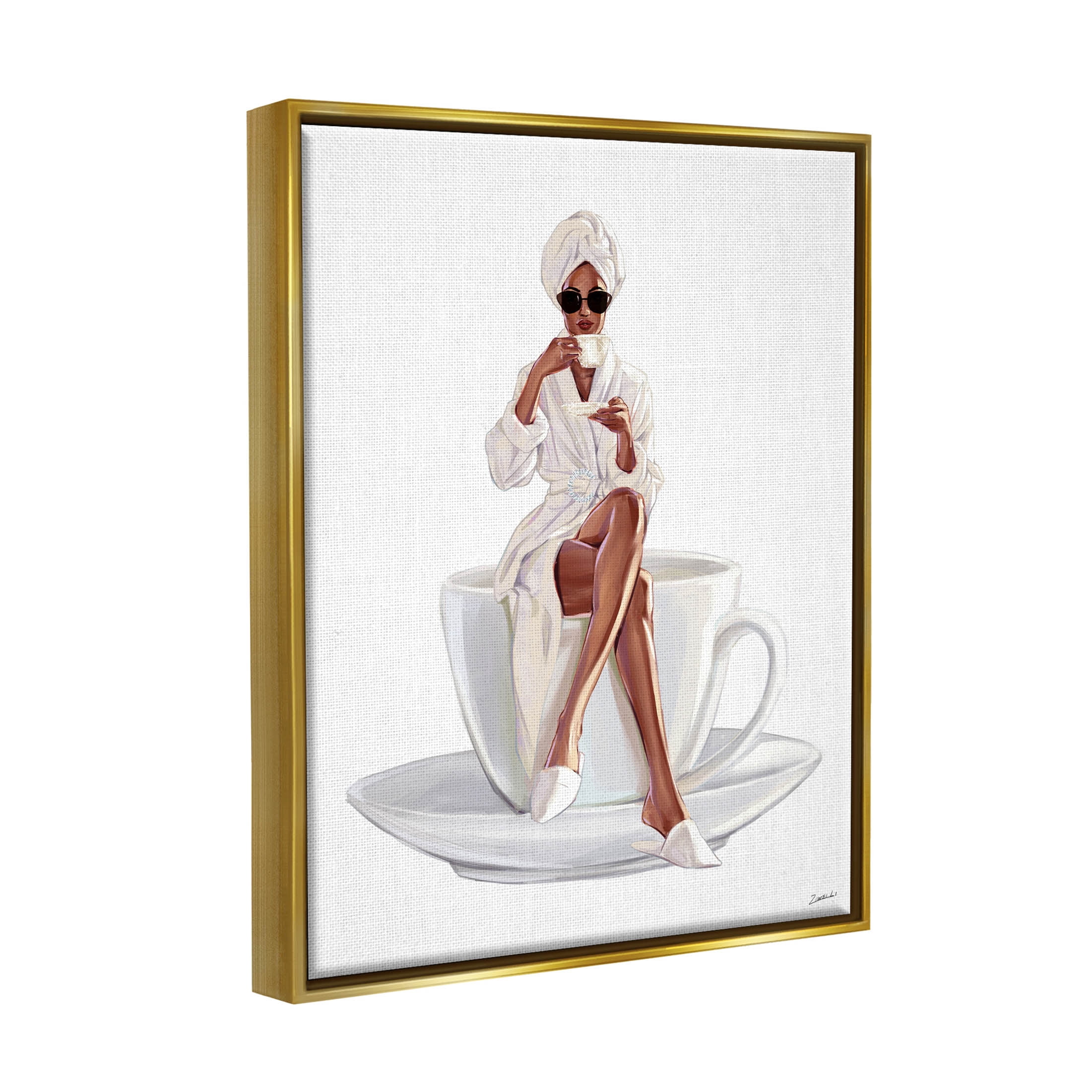 Stupell Industries Fashionable Woman Morning Coffee Graphic Art Metallic Gold Floating Framed Canvas Print Wall Art, Design by Ziwei Li