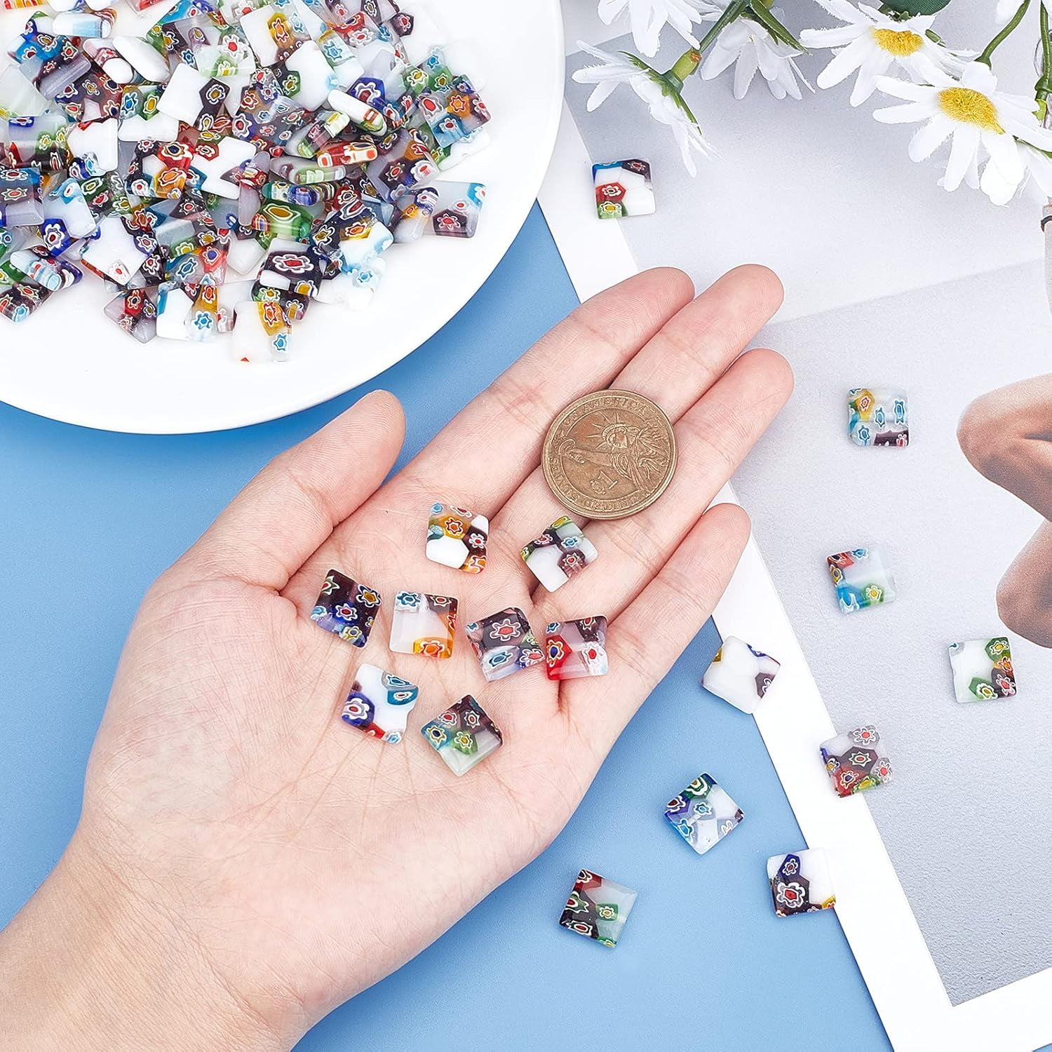 160 Pcs Millefiori Lampwork Beads Square Shaped Glass Beads 12mm Handmade Spacer Beads for DIY Bracelets Necklace Jewelry Making Mixed Color