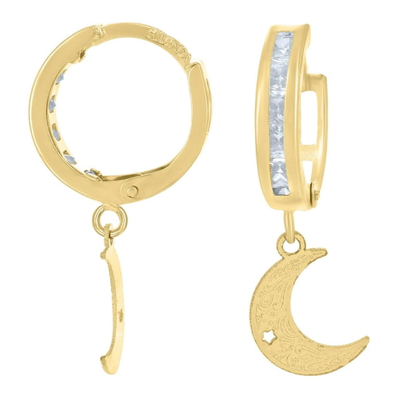 10kt Real Yellow Gold Unisex Cubic-Zirconia Moon Dangle Hoop Earrings
