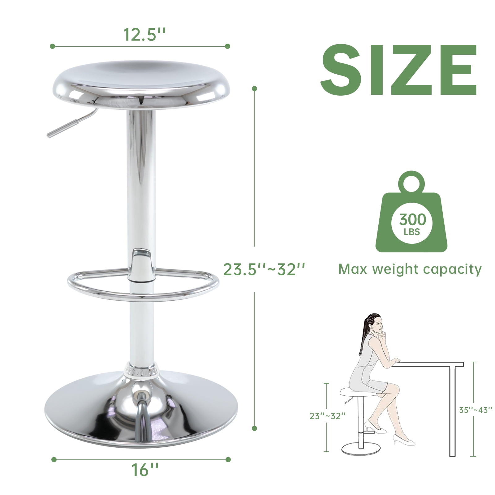 Metal Bar Stools Set of 2, Counter Height Adjustable Barstools, Backless 360° Swivel Kitchen Stools for Island, Dining, Bistro, Pub (Sliver)