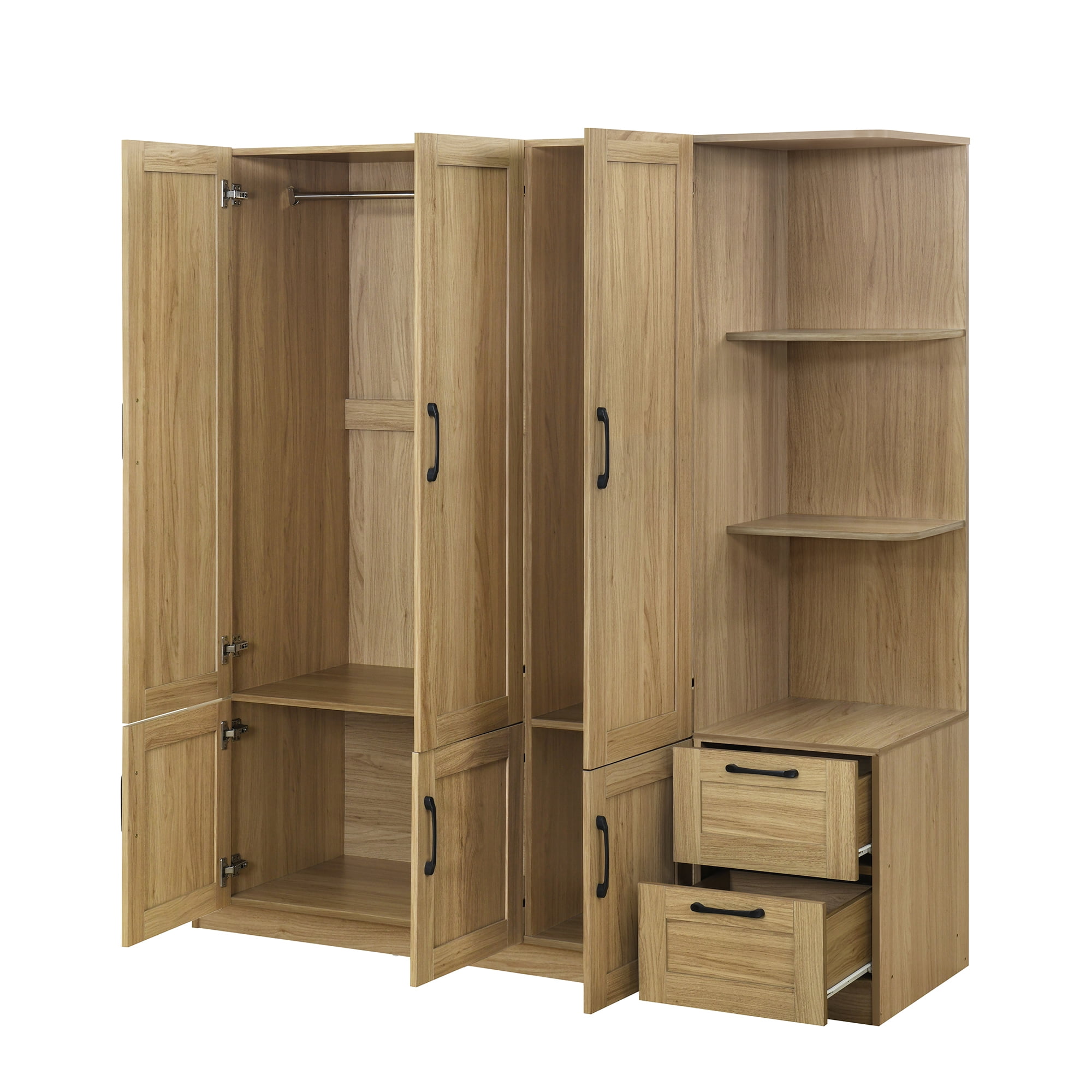 Euroco Modern Wood 3-Door Wardrobe with Drawers and Shelves for Kids Adults, Natural