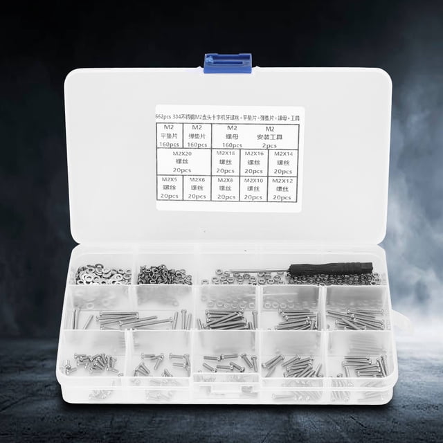 662Pcs M2 Screw Set 304 Stainless Steel Pan Head Machine Screw Flat Elastic Washer And Nut With Plastic Case And Wrench