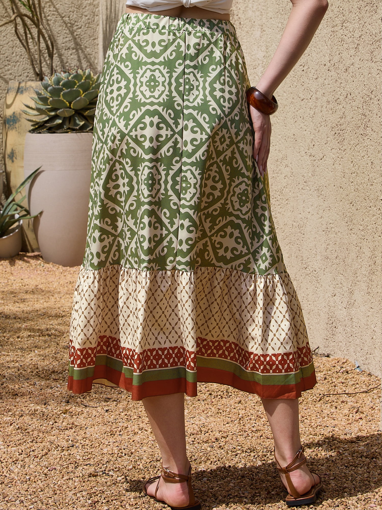 DARING DIVA Women's Summer Beach Graphic Midi Western Skirts Medium Green