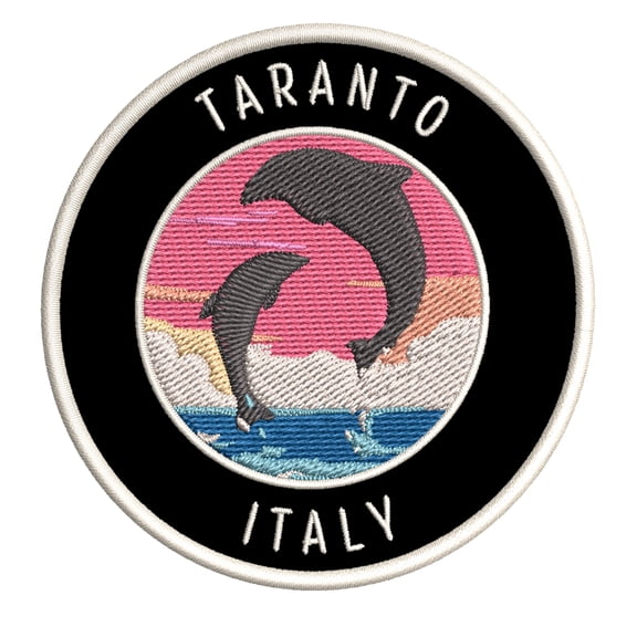 Taranto, Italy Dolphin Sunset 3.5 Inch Iron Or Sew On Embroidered Fabric Badge Patch Ocean Beach, Salt Life Iconic Series