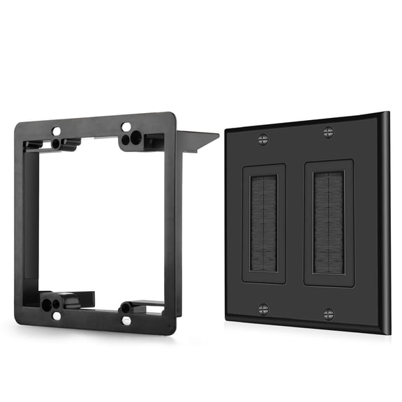 Brush Wall Plate with Mounting Bracket Kit Double 2 Gang Cable Entry Access Brush Bristles Style Strap Opening Port Insert Socket Wiring Plug Jack Decorative Face Cover Outlet Mount Panel (Black)