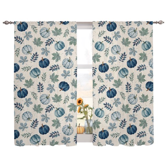 Navy Blue Pumpinks Sheer Curtains for Living Room Bedroom, Rustic Green Pumpink Maple Leaf Linen Texture Light Filtering Sheer Curtain Rod Pocket Voile Window Treaments Drapes, 52 x 72 Inches
