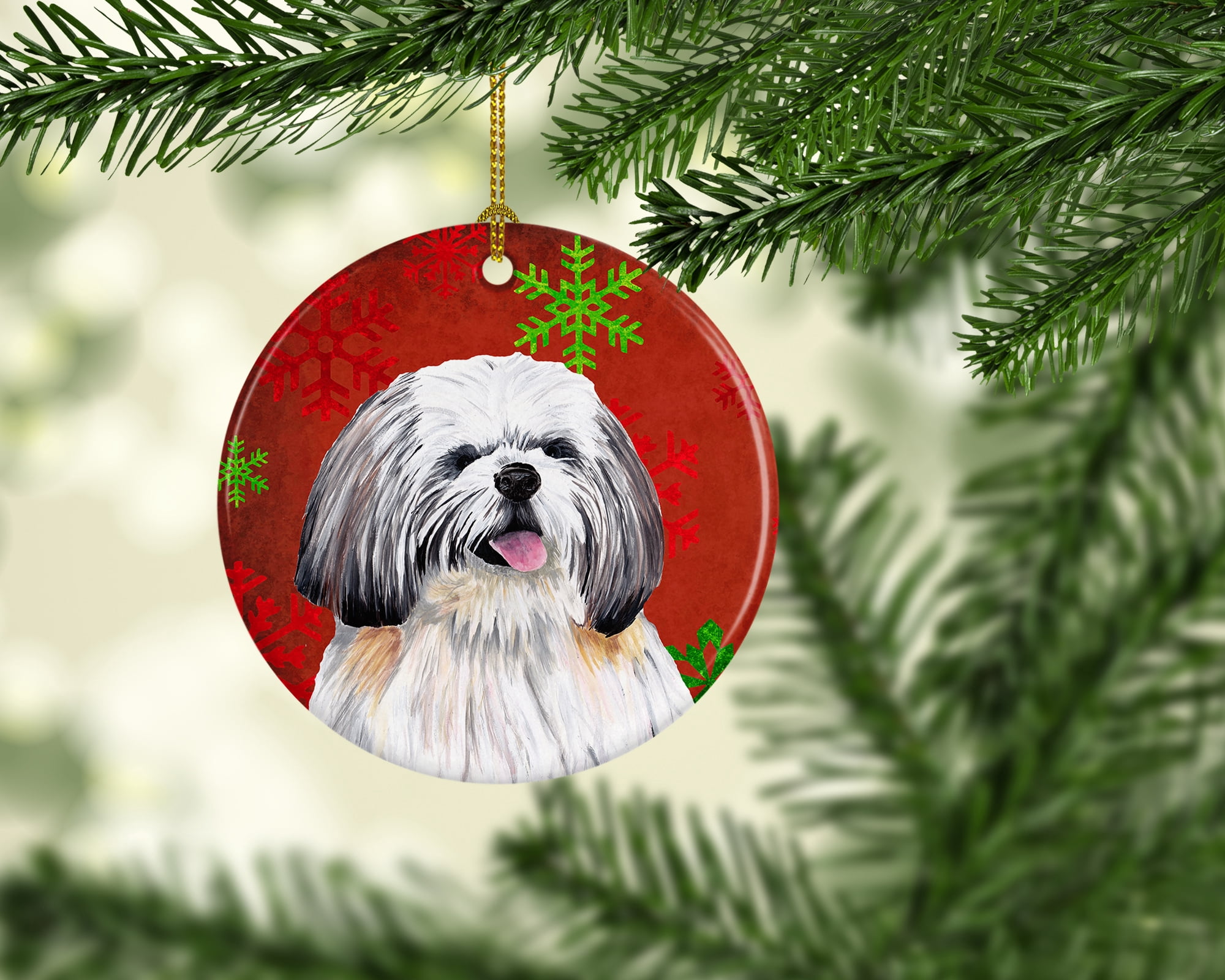 Carolines Treasures SC9423-CO1 Shih Tzu Red Snowflakes Holiday Christmas Ceramic Ornament, Multicolor