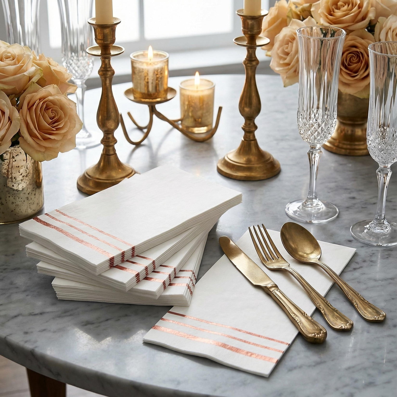 Garvee 300 Pack White and Rose Gold Disposable Paper Napkins, 3-Ply Soft Dinner Napkins with Rose Gold Foil Trim, Absorbent Decorative Guest Towels for Easter Party, Wedding, Birthday, Baby Shower