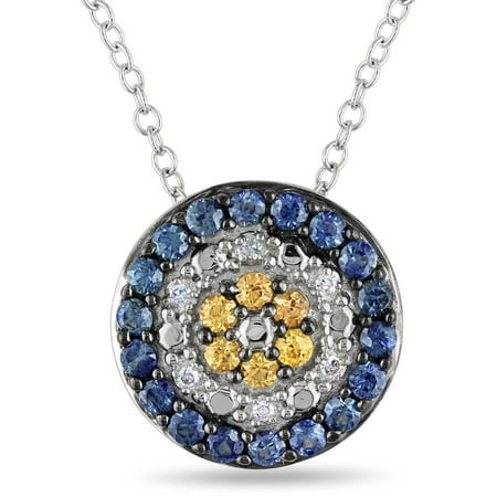 Tangelo 5/8 Carat T.G.W. Yellow and Blue Sapphire and Diamond-Accent Sterling Silver Circle Pendant, 18