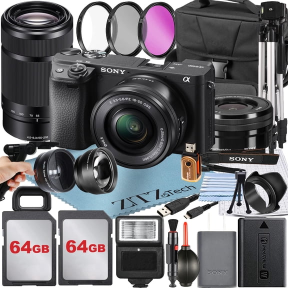 Sony Alpha a6400 Mirrorless Digital Camera with E PZ 16-50mm   E 55-210mm OSS Lens   2 Pack 64GB Card   Flash   ZeeTech Accessory Bundle (International Version)