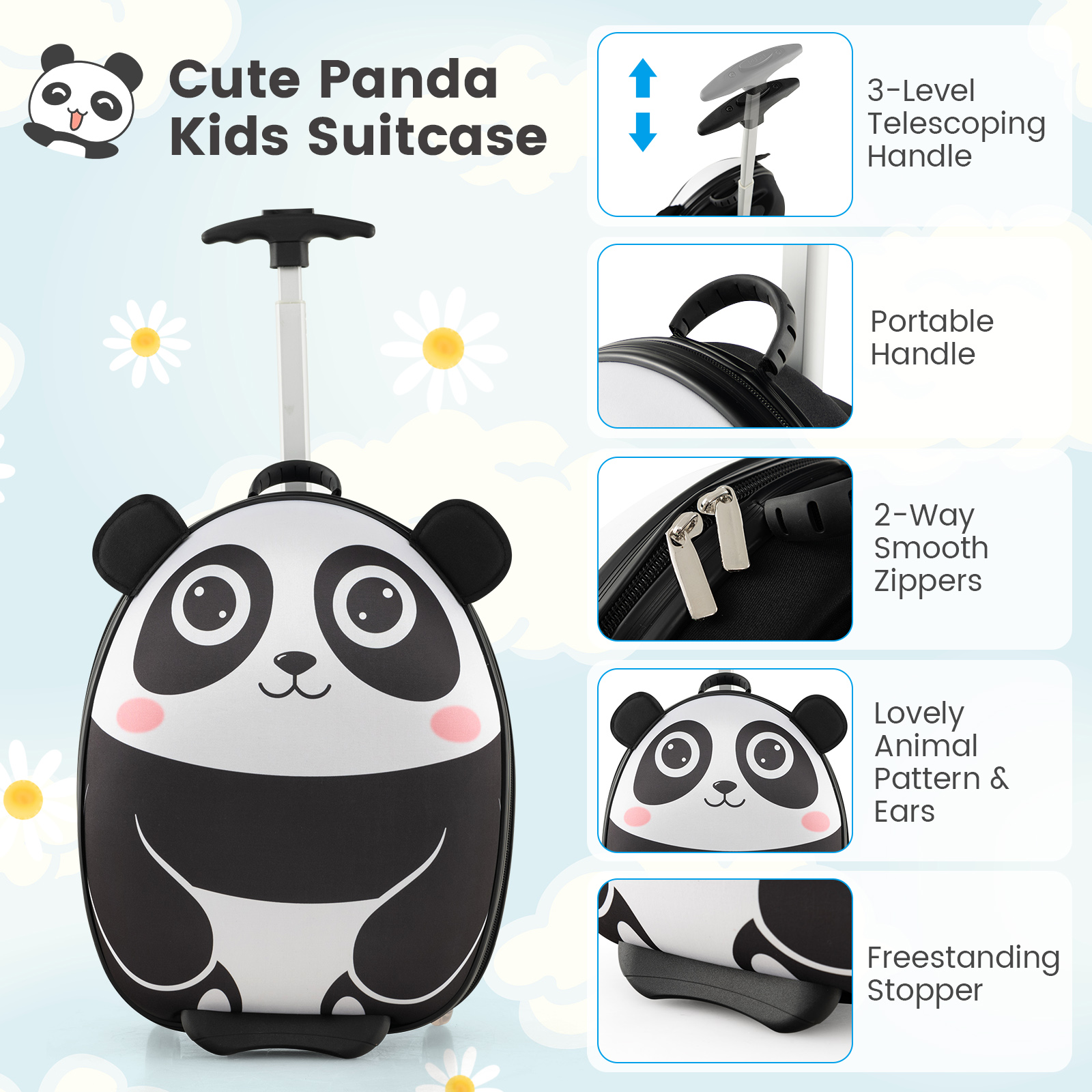 Infans 2PCS Kids Carry On Luggage Set 16" Panda Rolling Suitcase w/ 12" Backpack Travel