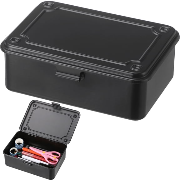 Hinged Lid Steel Storage Box, Metal Container for Scrapbook Stamps, Rectangular Empty Hinged Metal Tool Box, Storage Organizer for Pegs Pens Stationary Office Supplies, Black