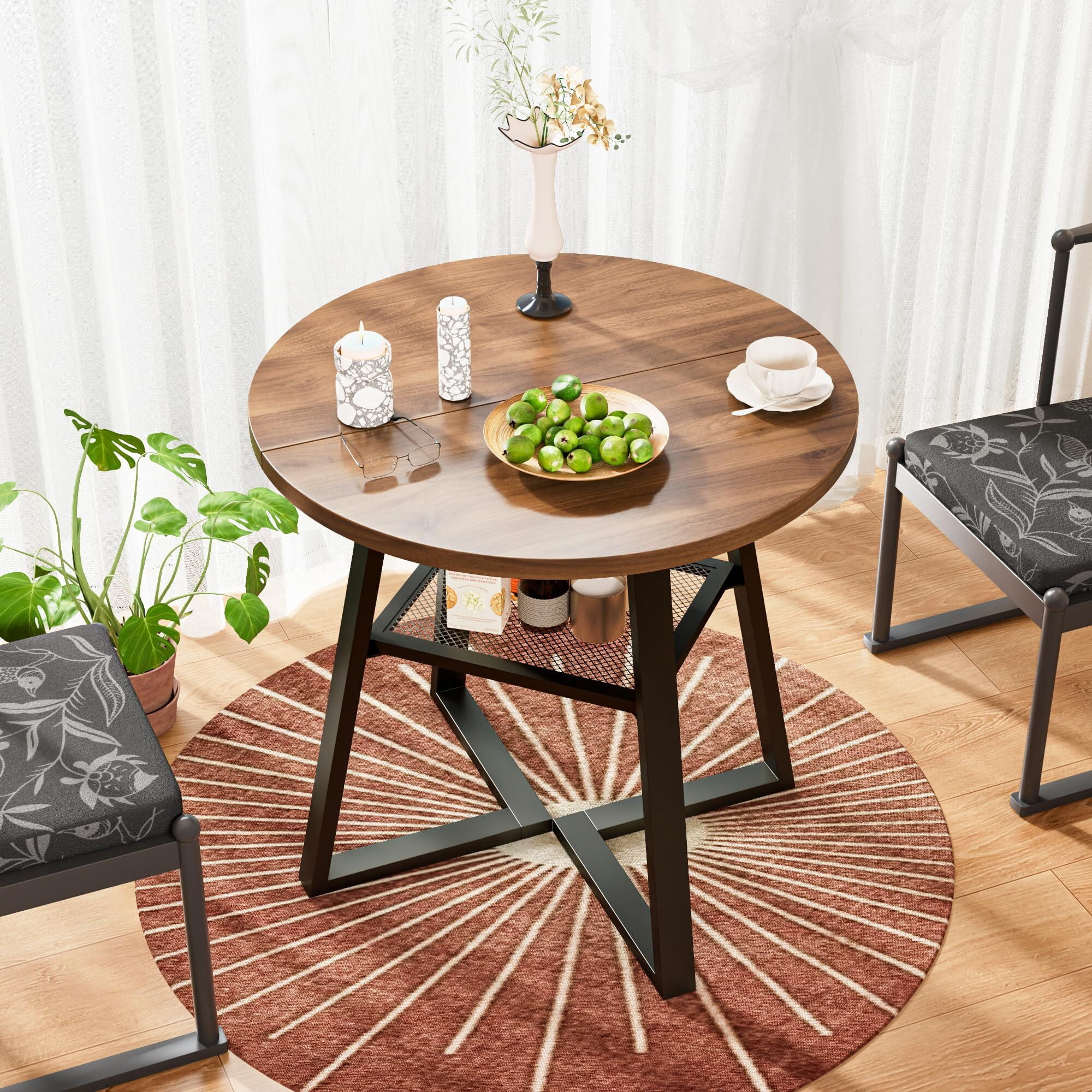 31.5 in Small Round Dining Table for 2–4, Space Saving Kitchen Table with Storage, Mid Century Modern Metal Legs, Walnut
