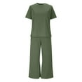 thumbnail image 4 of Women Solid Two Piece Sets, Summer Loungewear Vacation Travel Outfits Short Sleeve V Neck T-Shirt Wide Leg Pants Suits Sweat Suits for Lady Set Green L, 4 of 9