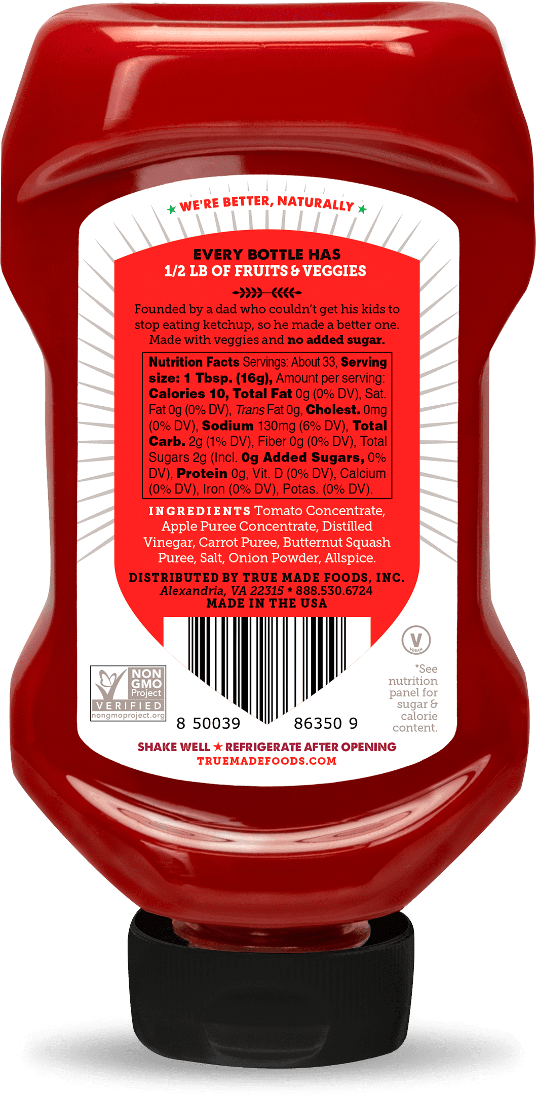 True Made Foods No Sugar Added Ketchup, 18.5oz Squeeze Bottle