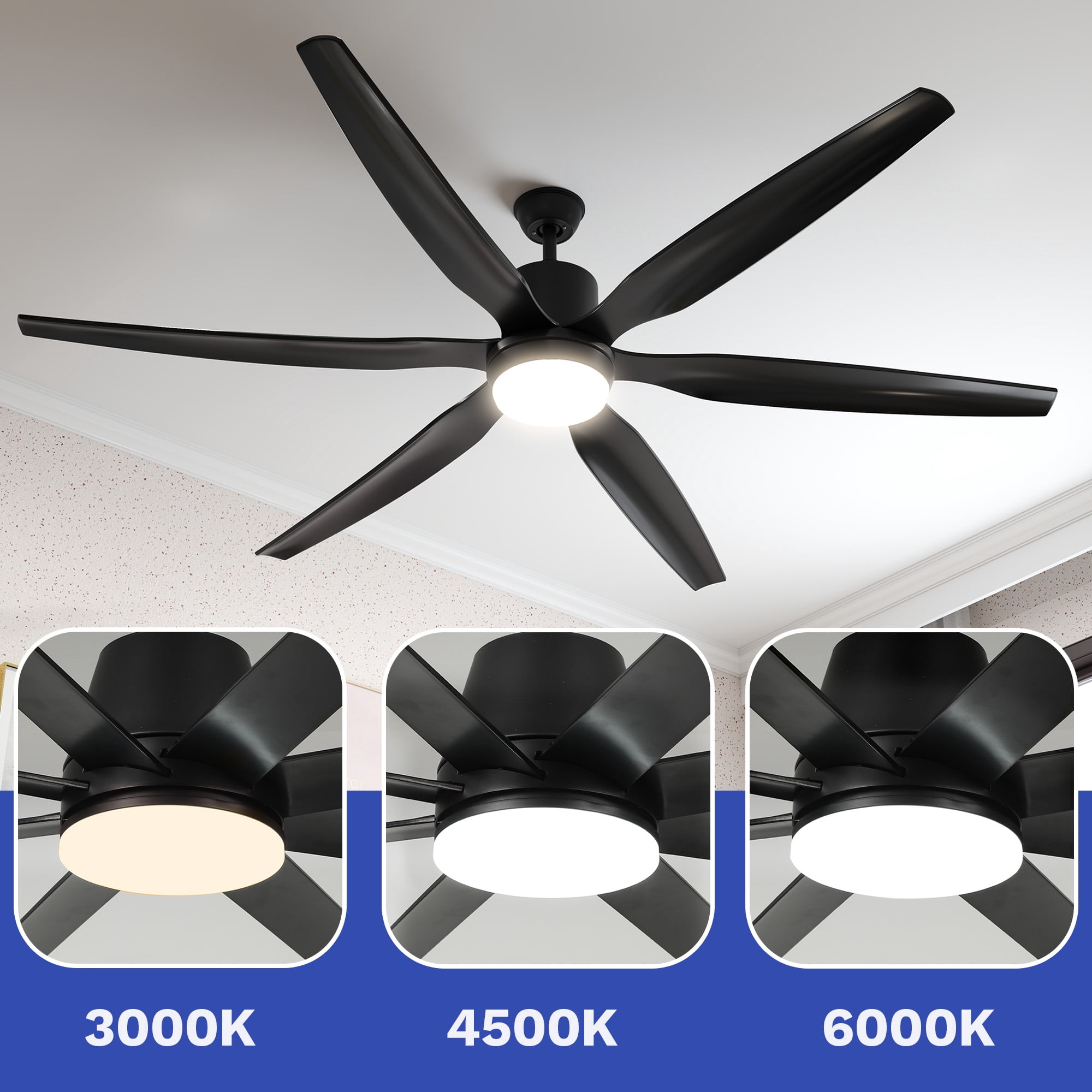 ModFusion 66-Inch Large Black Ceiling Fan with 6 Blades, Smart Control, LED Light, Reversible Quiet DC Motor, Remote & App Controlled