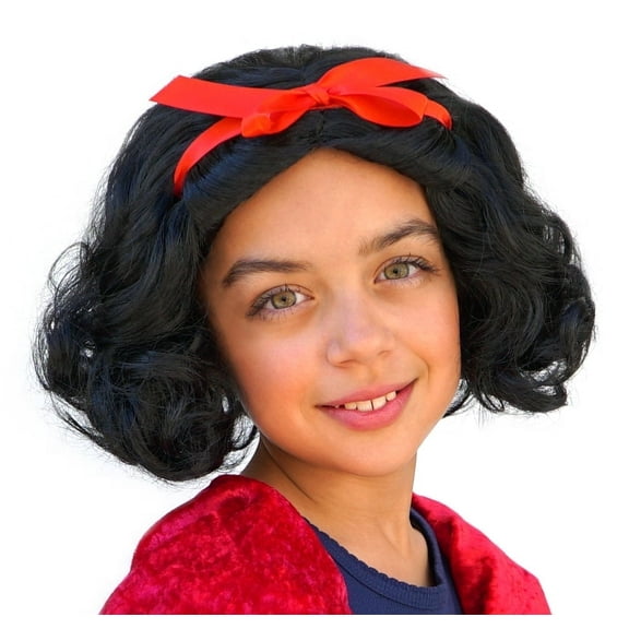 Fairest Little Princess Wig Snow White Child Black Short Curly Red Ribbon Girls Kids Children Storybook Fairytale