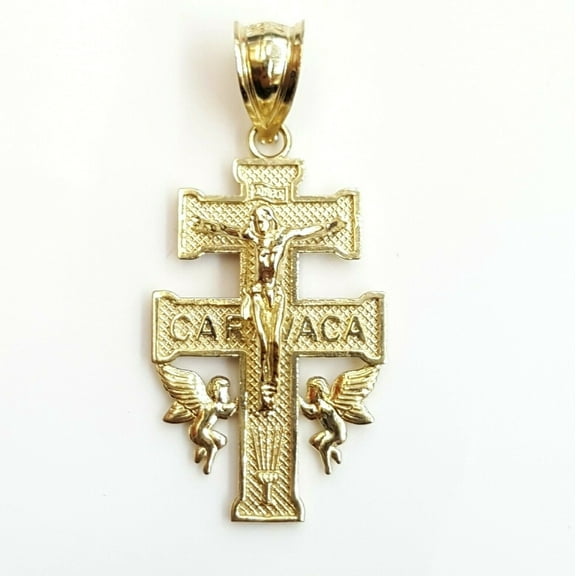 New 10k Yellow gold Caravaca double cross with angel crucifix Jesus pendant 2.4g