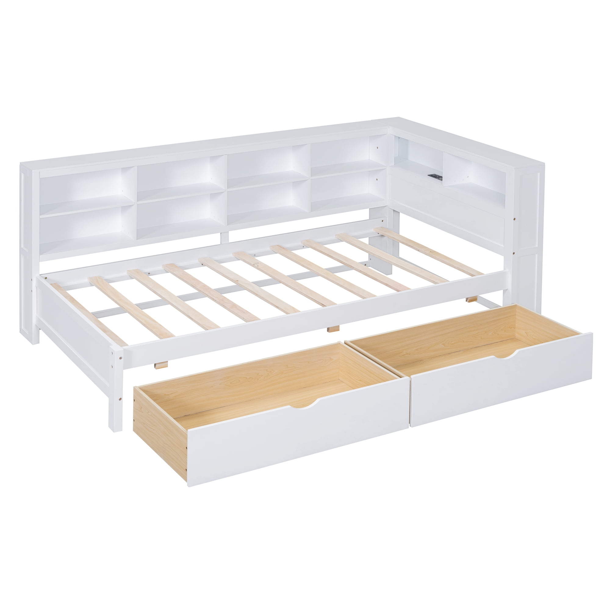 Mintazer Twin Daybed with Storage Headboard & Charging Station, 2 Drawers & Shelves for Kids Bedroom, White