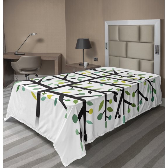 Ambesonne Tree Flat Sheet, Geometric Tree Branches Leaves, Twin Size, White and Multicolor