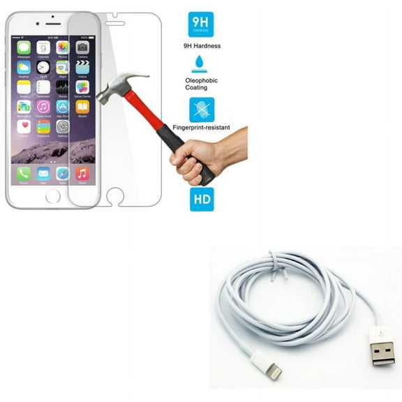 iPhone 8/7/6S/6 - Charger Cord 6ft USB Cable w Tempered Glass Screen Protector - Power Wire Long Sync Fast Charge, HD Clear 2.5D Round Edges Display Cover Guard for iPhone 8/7/6S/6