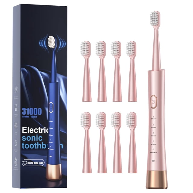 AJELU Cepillo de dientes eléctrico sónico para adultos, cepillo de dientes sónico recargable por USB con 8 cabezales, temporizador inteligente, 5 modos, carga rápida de 2 horas últimos 30 días, rosa