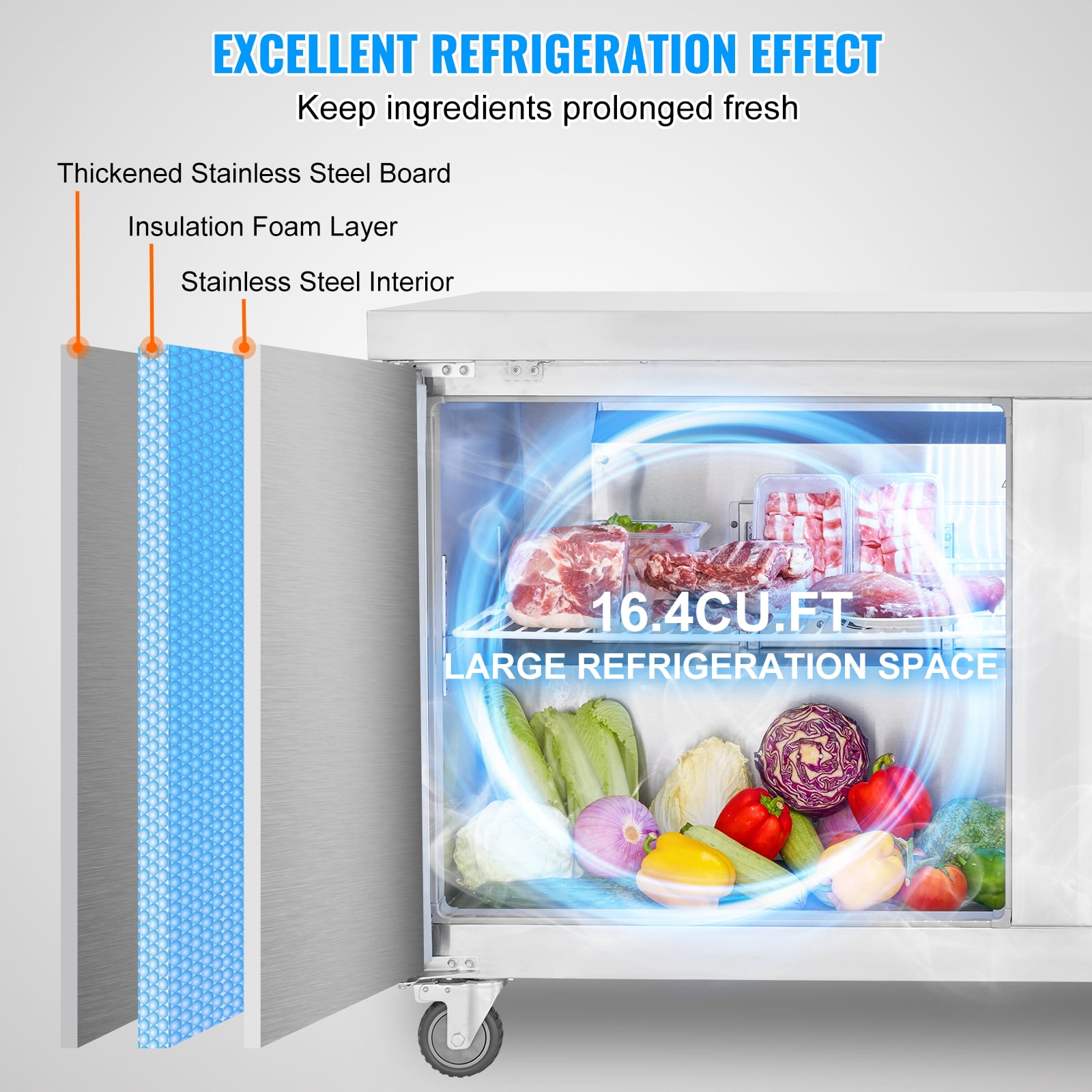 VEVOR 60" Commercial Refrigerator Sandwich & Salad Prep Table, 16.4 Cu. Ft Stainless Steel Refrigerated Food Prep Station with 2 Doors, Frost Free Refrigerator with Lock