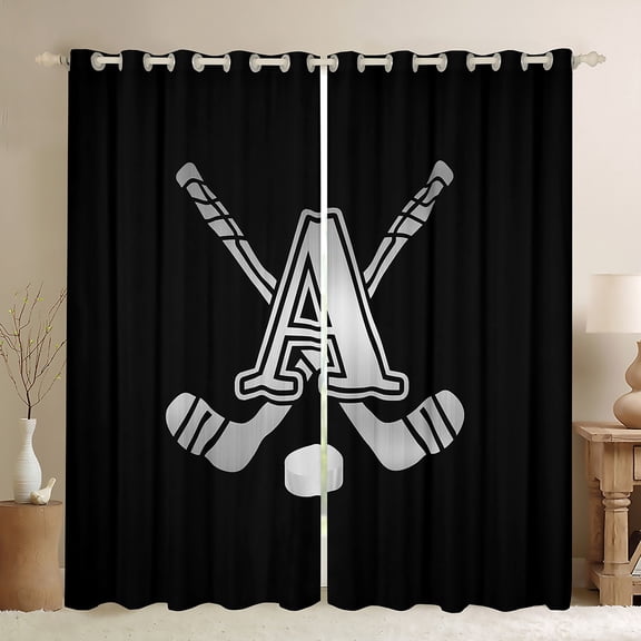 Homewish Kids Teens Ice Hockey Black Out Curtains for Boys Girls, Black Gray Monogrammed Curtains Pack of 2 (42x63 Each), Sports Theme Bedroom Curtains, Luxury Home Decor